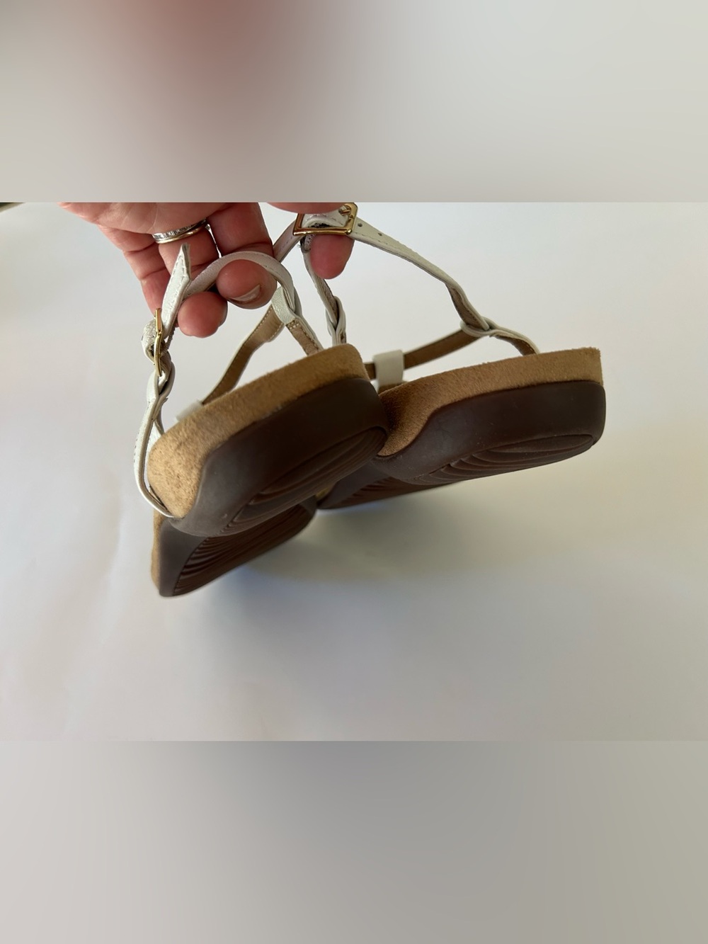 NEW White Women's T-Strap leather Sandals with Gold Accent - Picture 8 of 14